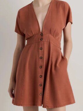 Quince Vintage Wash Tencel Button Front Mini Dress Terracotta Size XS (KH132)